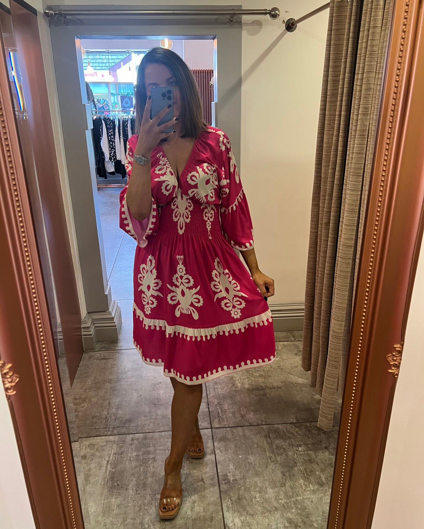 Aztec Printing V Neck Midi Dress