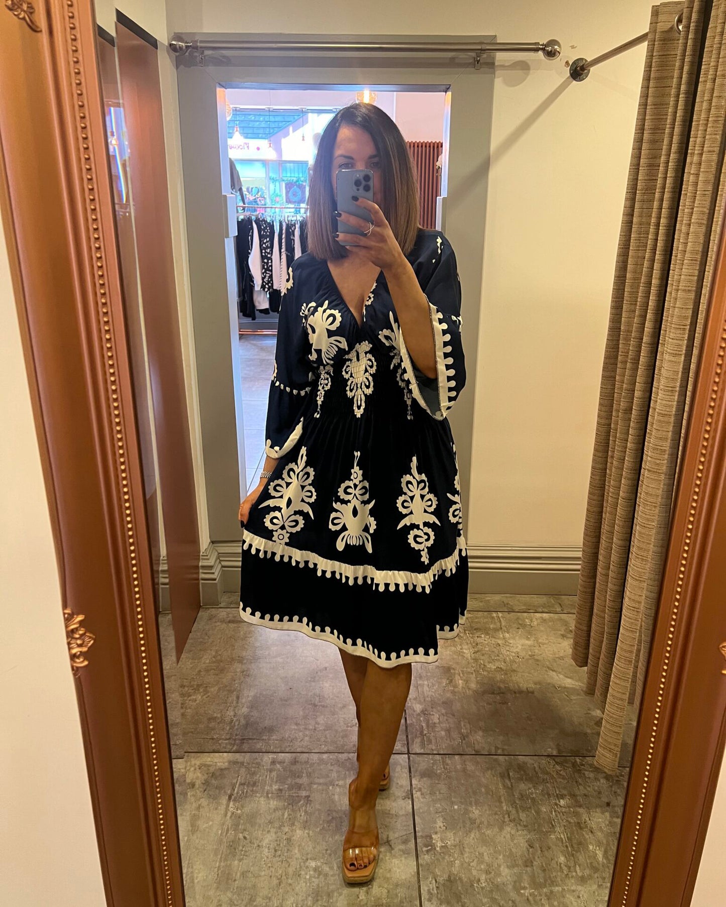 Aztec Printing V Neck Midi Dress