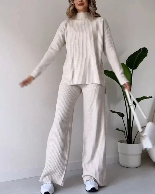 Solid Color Casual High Collar Versatile Top And Trousers Set