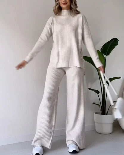 Solid Color Casual High Collar Versatile Top And Trousers Set