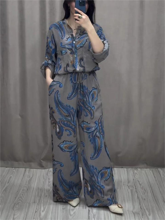 Feather Print Long-Sleeved Shirt And Pants Set