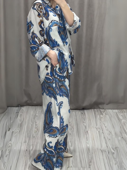 Feather Print Long-Sleeved Shirt And Pants Set