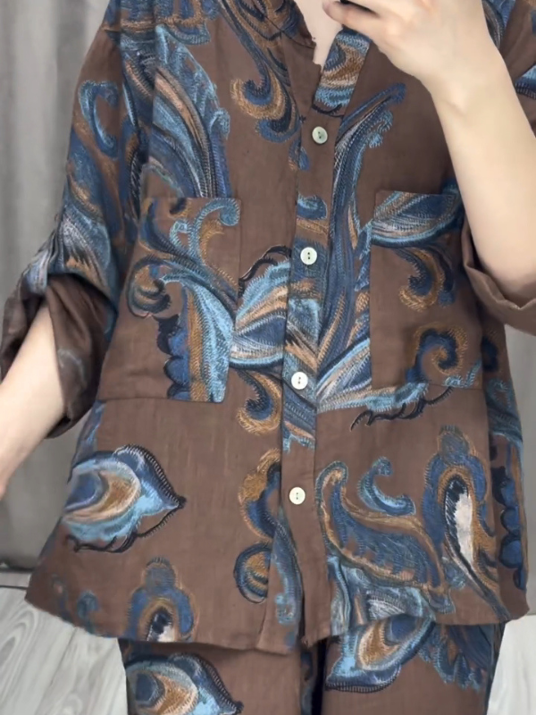 Feather Print Long-Sleeved Shirt And Pants Set
