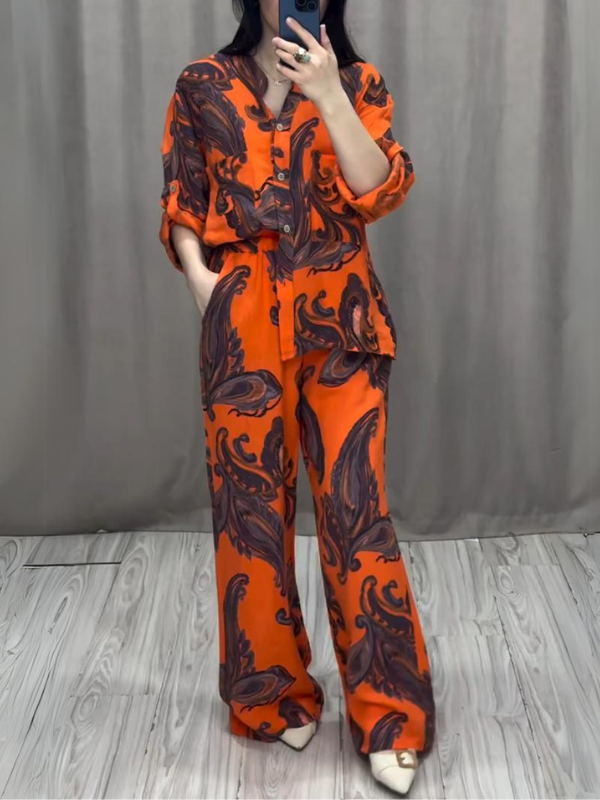 Feather Print Long-Sleeved Shirt And Pants Set
