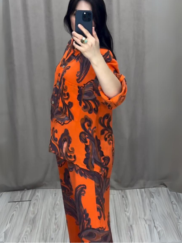 Feather Print Long-Sleeved Shirt And Pants Set