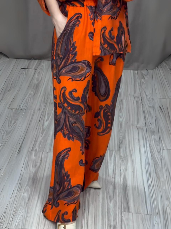 Feather Print Long-Sleeved Shirt And Pants Set
