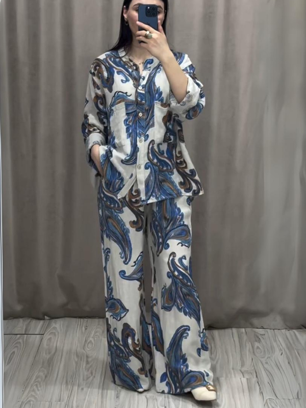 Feather Print Long-Sleeved Shirt And Pants Set