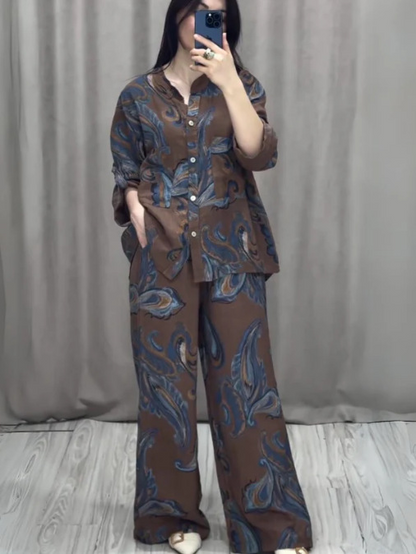 Feather Print Long-Sleeved Shirt And Pants Set