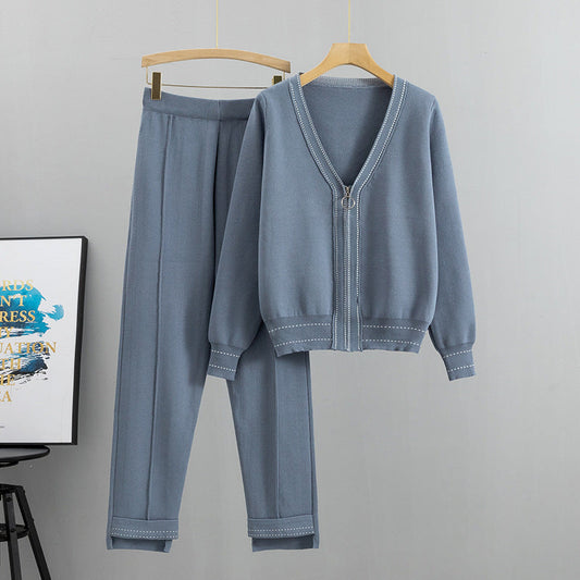 Knitted Zippered Cardigan Pants Two-Piece Set