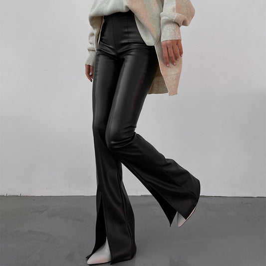 Flared PU Leather Pants With Split Slits