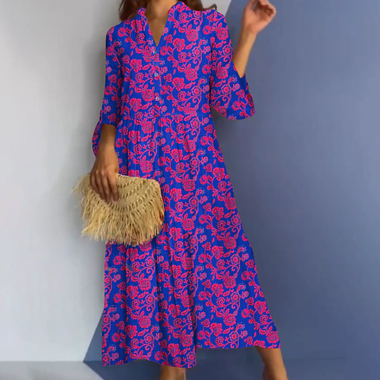 Floral Print Crew Neck Buttons Midi Dress