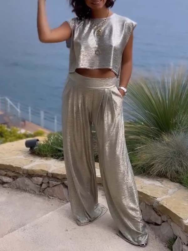 Smooth Vest Wide-Leg Pants Two-Piece Suit