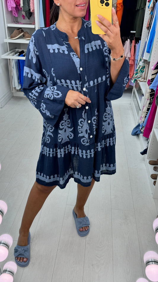 Aztec Ethnic Pattern Linen Smock Midi Dress