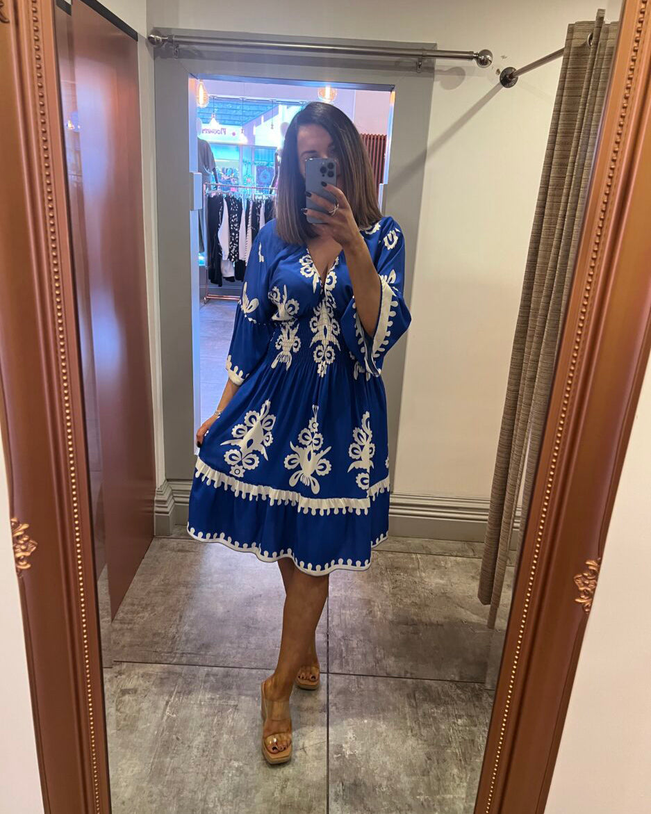Aztec Printing V Neck Midi Dress