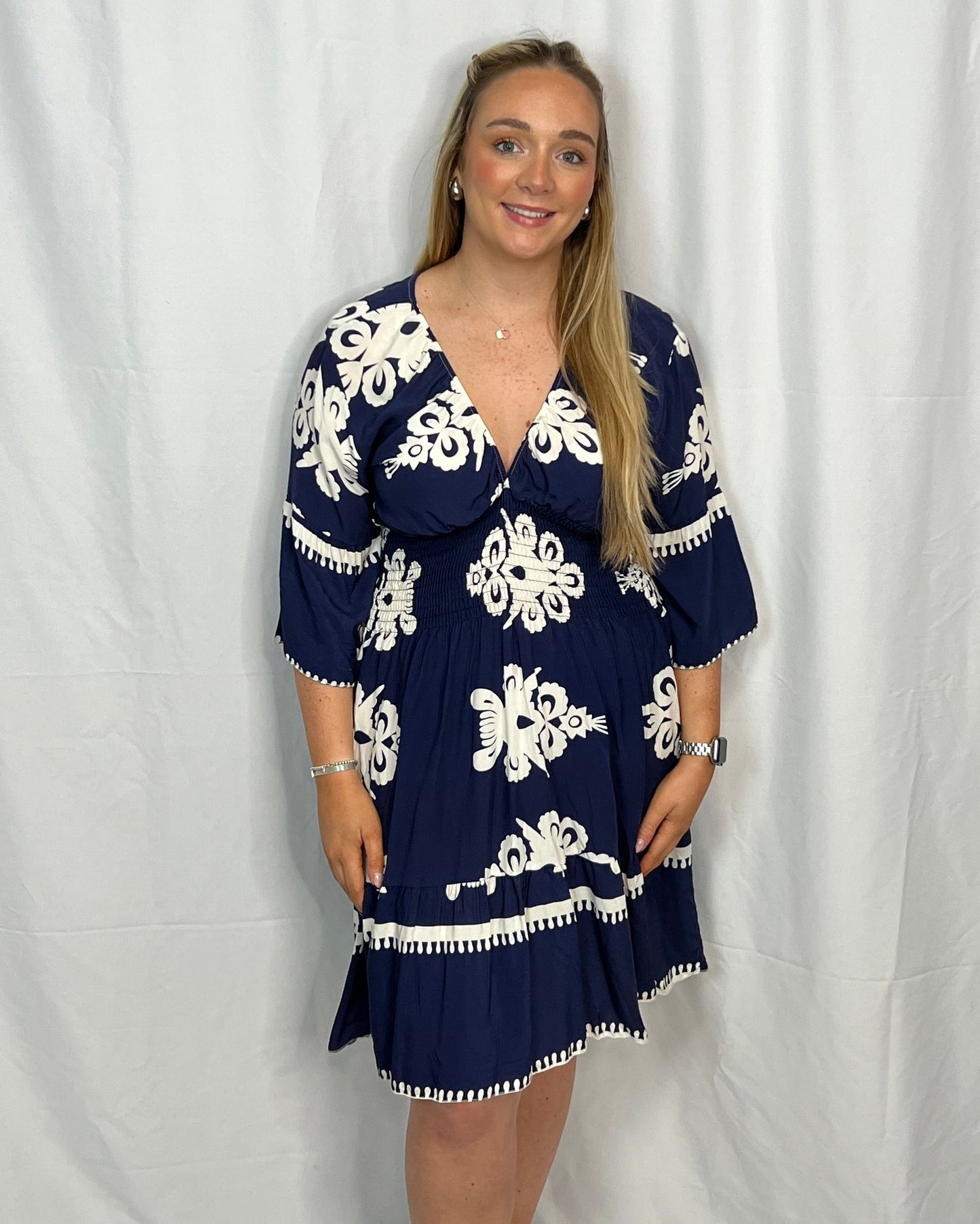 Aztec Printing V Neck Midi Dress