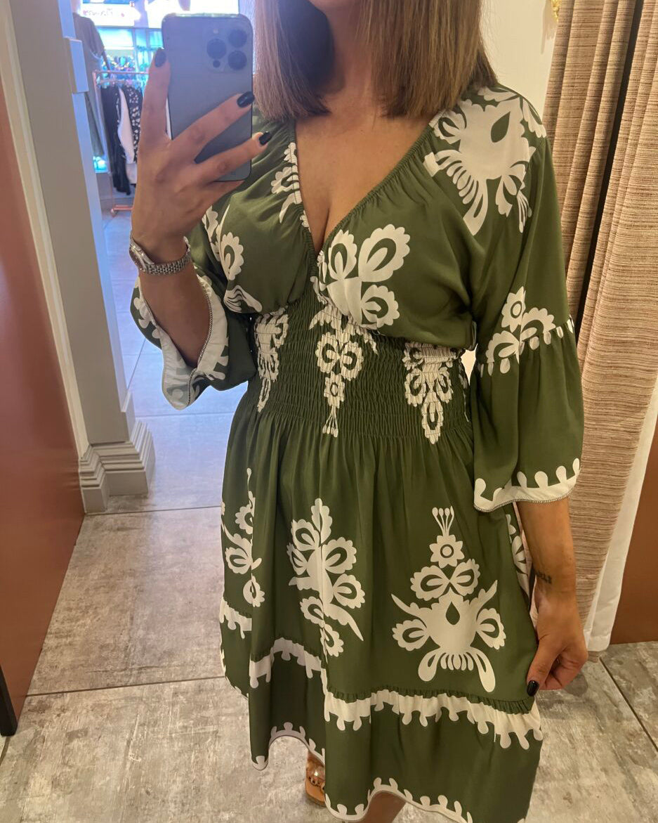 Aztec Printing V Neck Midi Dress