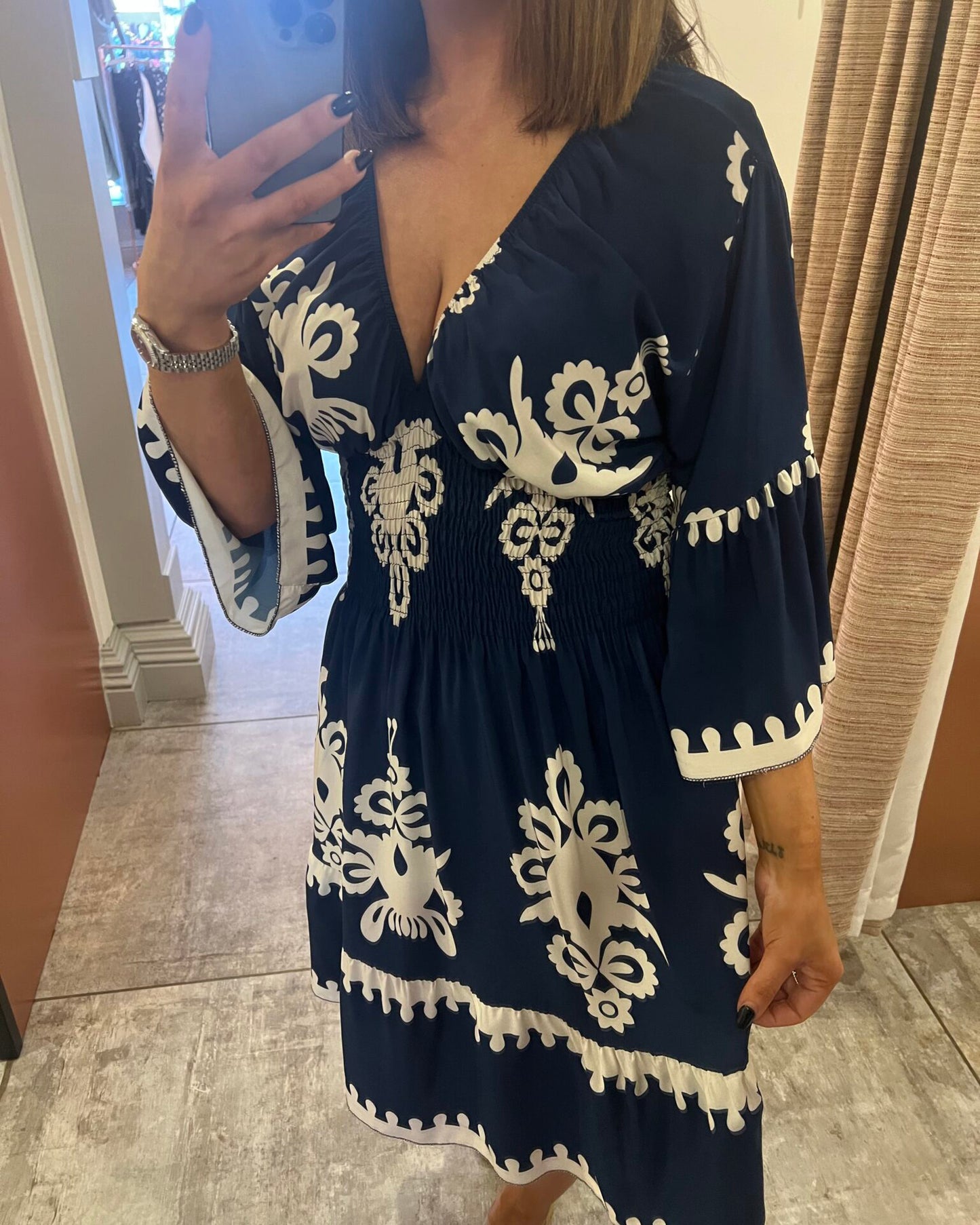 Aztec Printing V Neck Midi Dress
