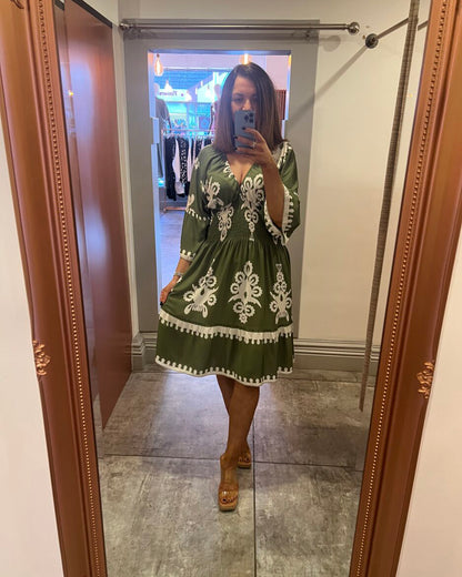 Aztec Printing V Neck Midi Dress