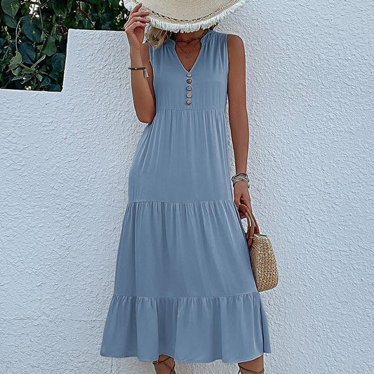 Button Detail Layered Hem Smock Midi Dress