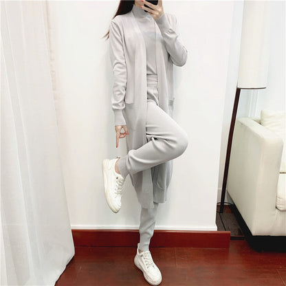 Casual Knit Cardigan Vest Pants Three Piece Set