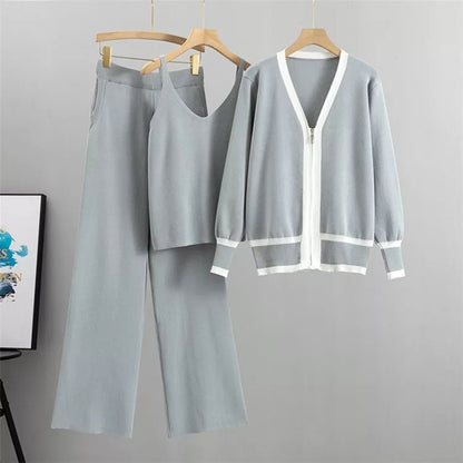 Casual Knitted Tank Top Pants Coat Three Piece Set