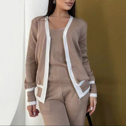 Casual Knitted Tank Top Pants Coat Three Piece Set