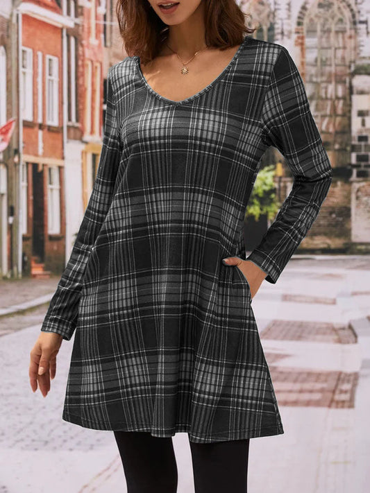 Checkered V-Neck Midi Dress