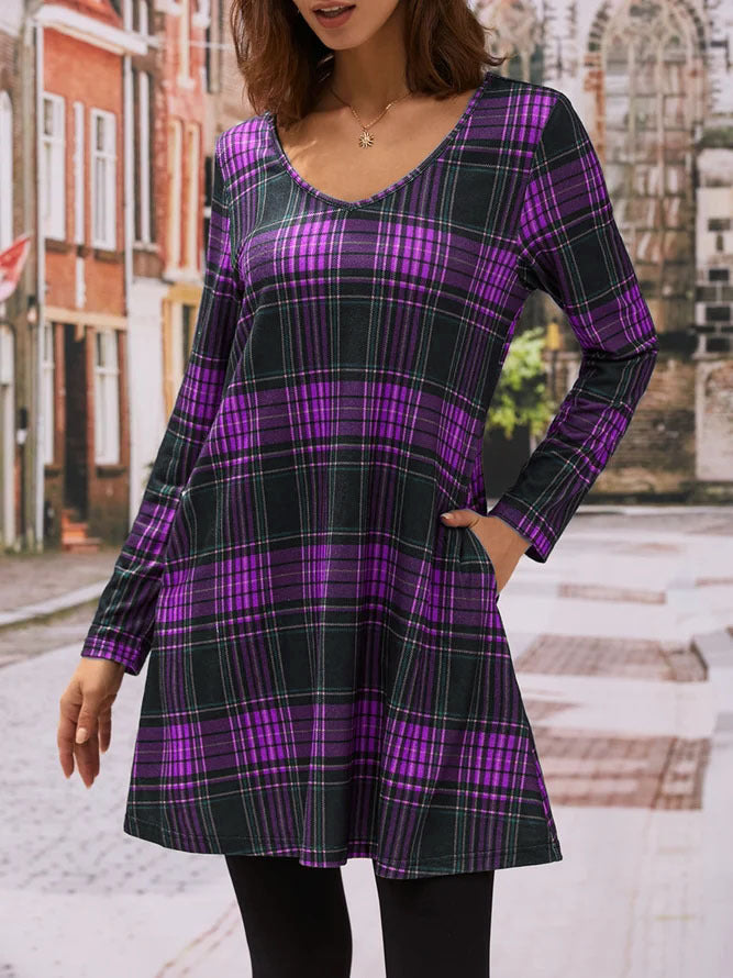 Checkered V-Neck Midi Dress