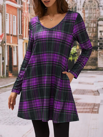 Checkered V-Neck Midi Dress