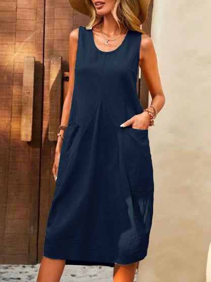 Cotton Linen Solid Color Sleeveless Pockets Midi Dress