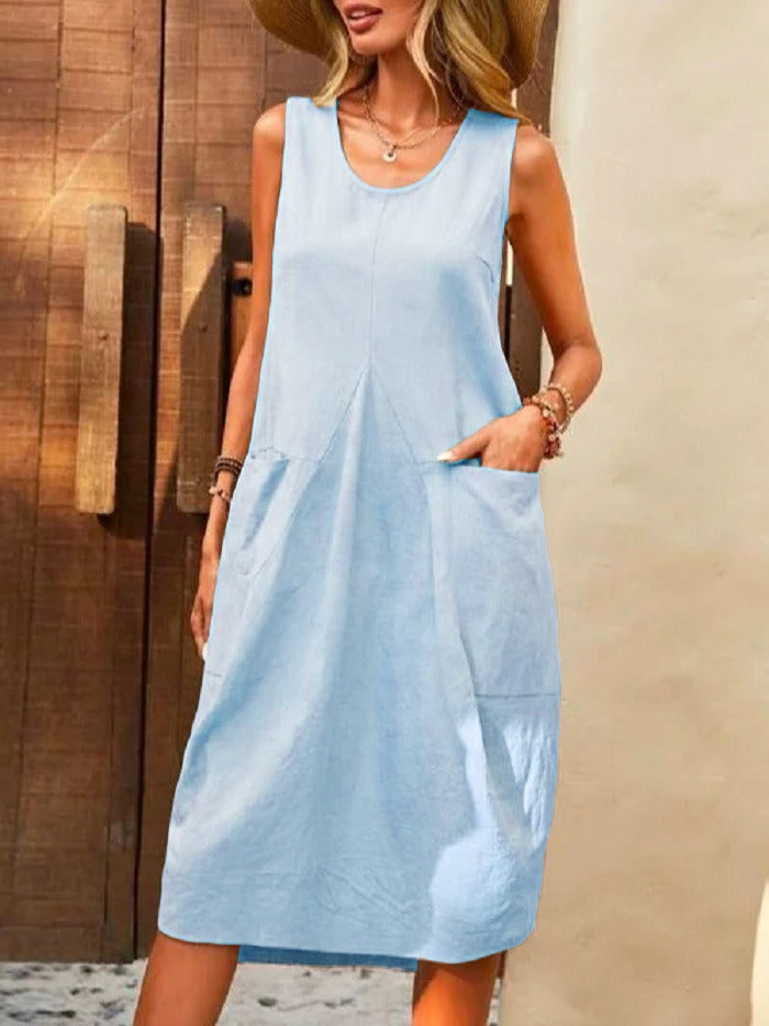 Cotton Linen Solid Color Sleeveless Pockets Midi Dress