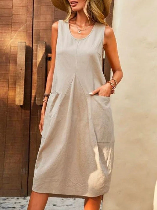 Cotton Linen Solid Color Sleeveless Pockets Midi Dress