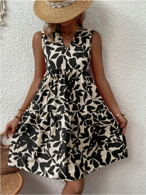 Bohemian Beach V Neck Pleated Printed Midi Dress