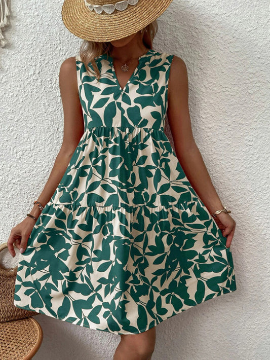 Bohemian Beach V Neck Pleated Printed Midi Dress