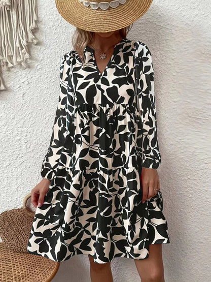 Bohemian Beach V Neck Pleated Printed Midi Dress