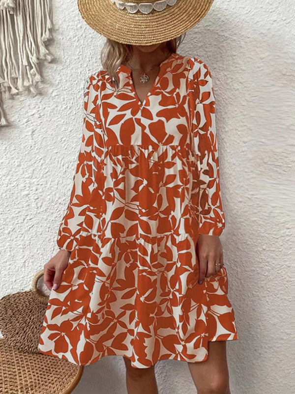 Bohemian Beach V Neck Pleated Printed Midi Dress