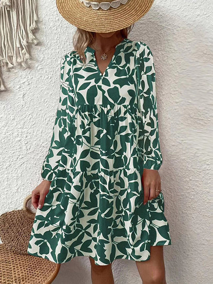 Bohemian Beach V Neck Pleated Printed Midi Dress