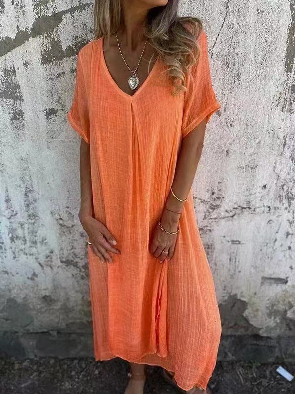 Cotton Linen V Neck Casual Maxi Dress