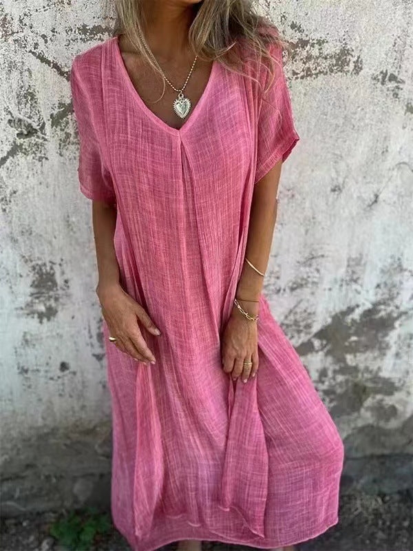 Cotton Linen V Neck Casual Maxi Dress