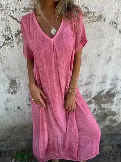 Cotton Linen V Neck Casual Maxi Dress