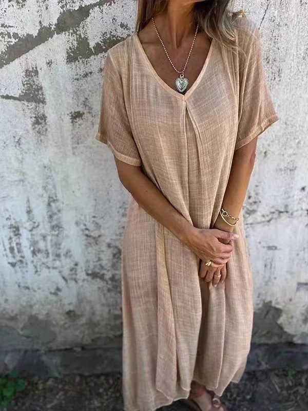 Cotton Linen V Neck Casual Maxi Dress