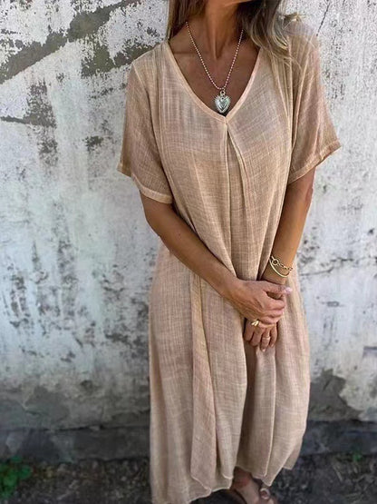Cotton Linen V Neck Casual Maxi Dress