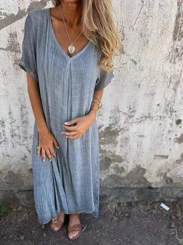 Cotton Linen V Neck Casual Maxi Dress