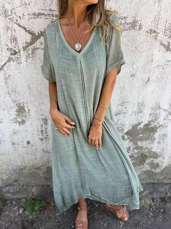Cotton Linen V Neck Casual Maxi Dress