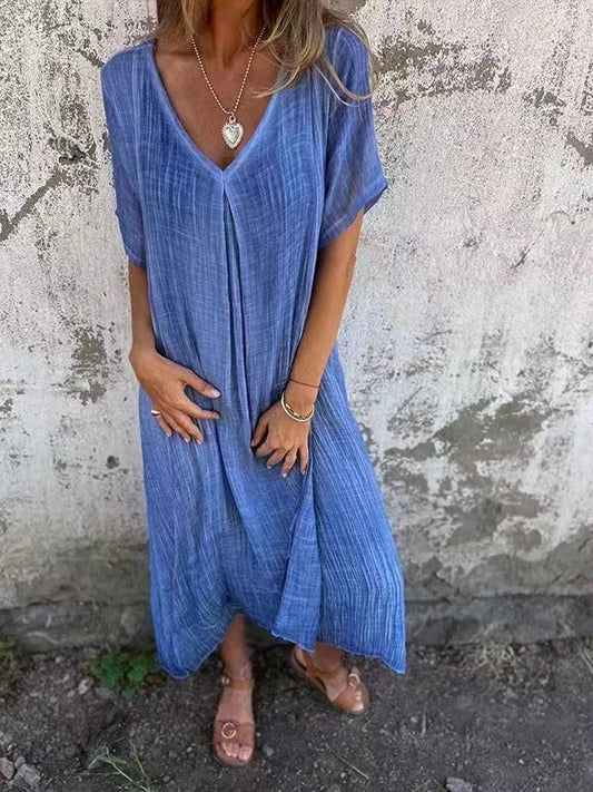 Cotton Linen V Neck Casual Maxi Dress
