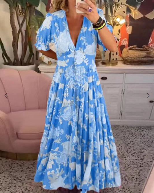 Floral Print Pleated Big Hem Maxi Dress