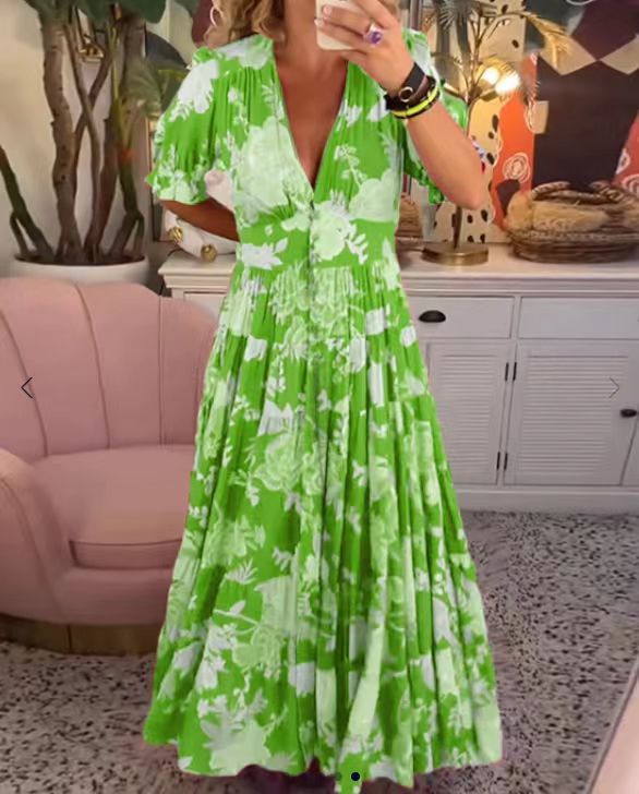 Floral Print Pleated Big Hem Maxi Dress