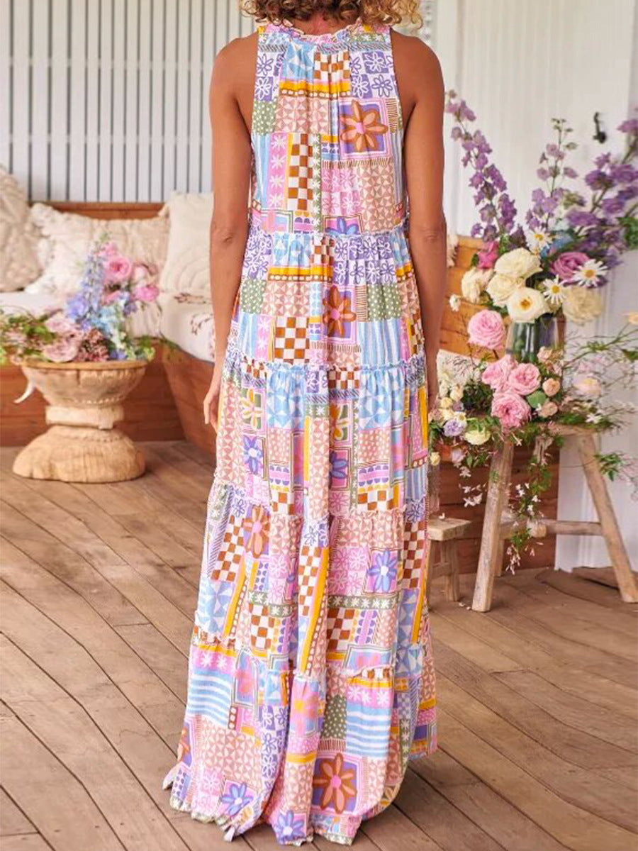 Floral Print Round Neck Casual Maxi Dress