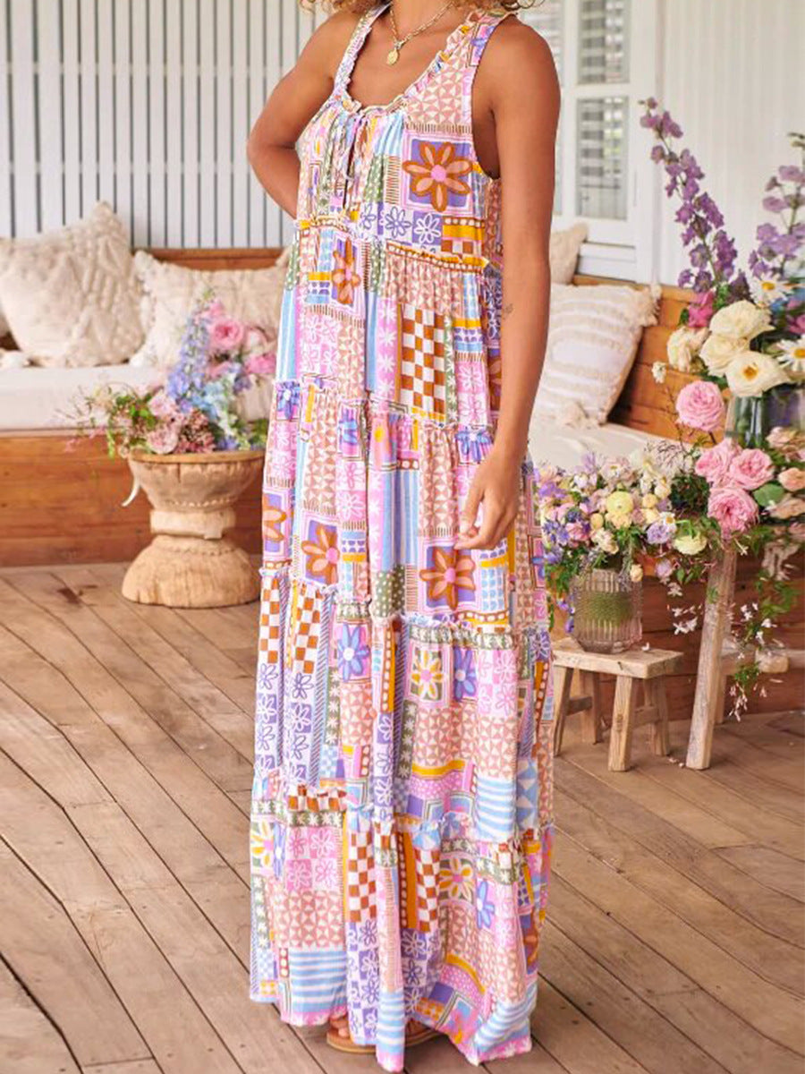 Floral Print Round Neck Casual Maxi Dress