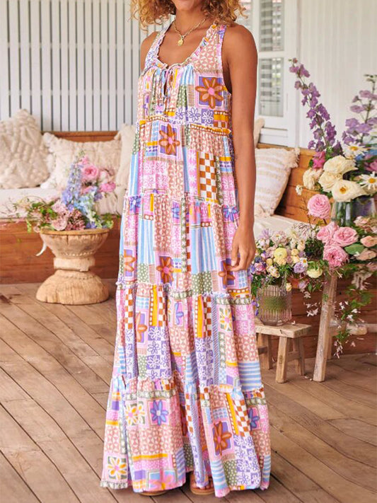 Floral Print Round Neck Casual Maxi Dress
